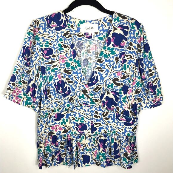 ba&sh Oleo Peplum Floral V Neck Top Blouse Womens Large Preppy Designer Feminine - Picture 2 of 10